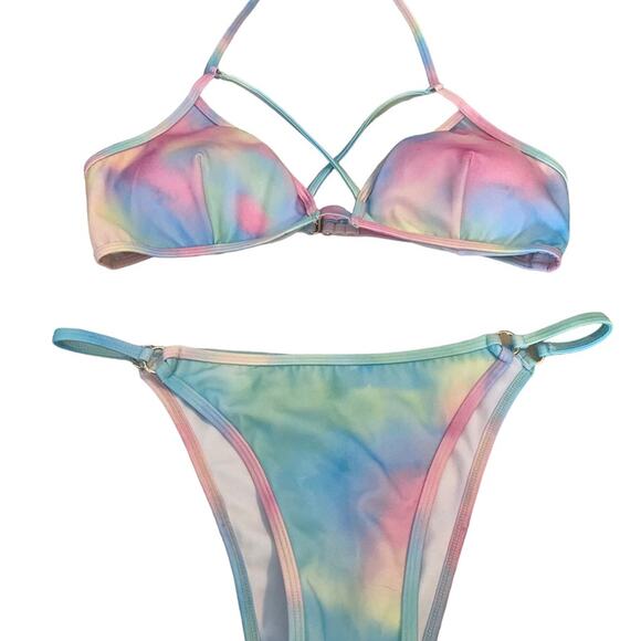 Plumeria Tye Dye 2 pc Bikini Pastel Blues Pinks Size Large Halter String Top NEW - Picture 14 of 14